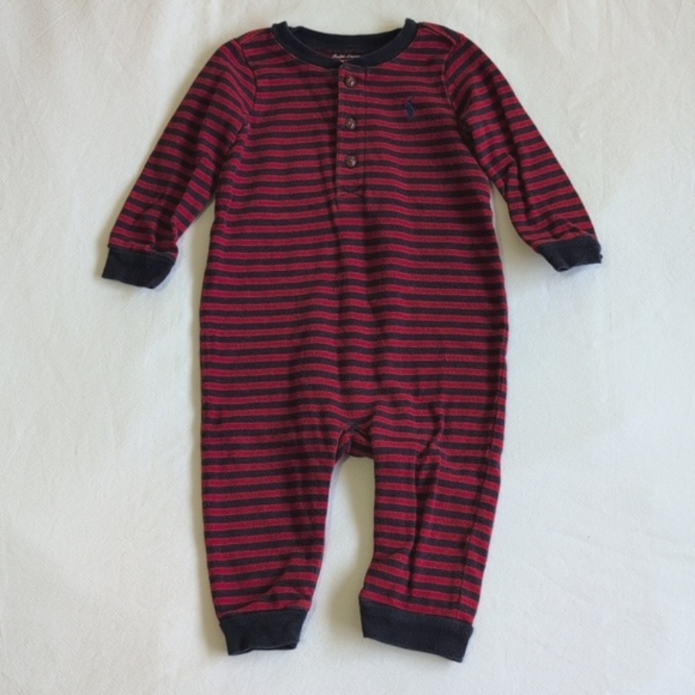 ralph lauren navy & red striped cotton knit henley jumpsuit 9 months baby boy